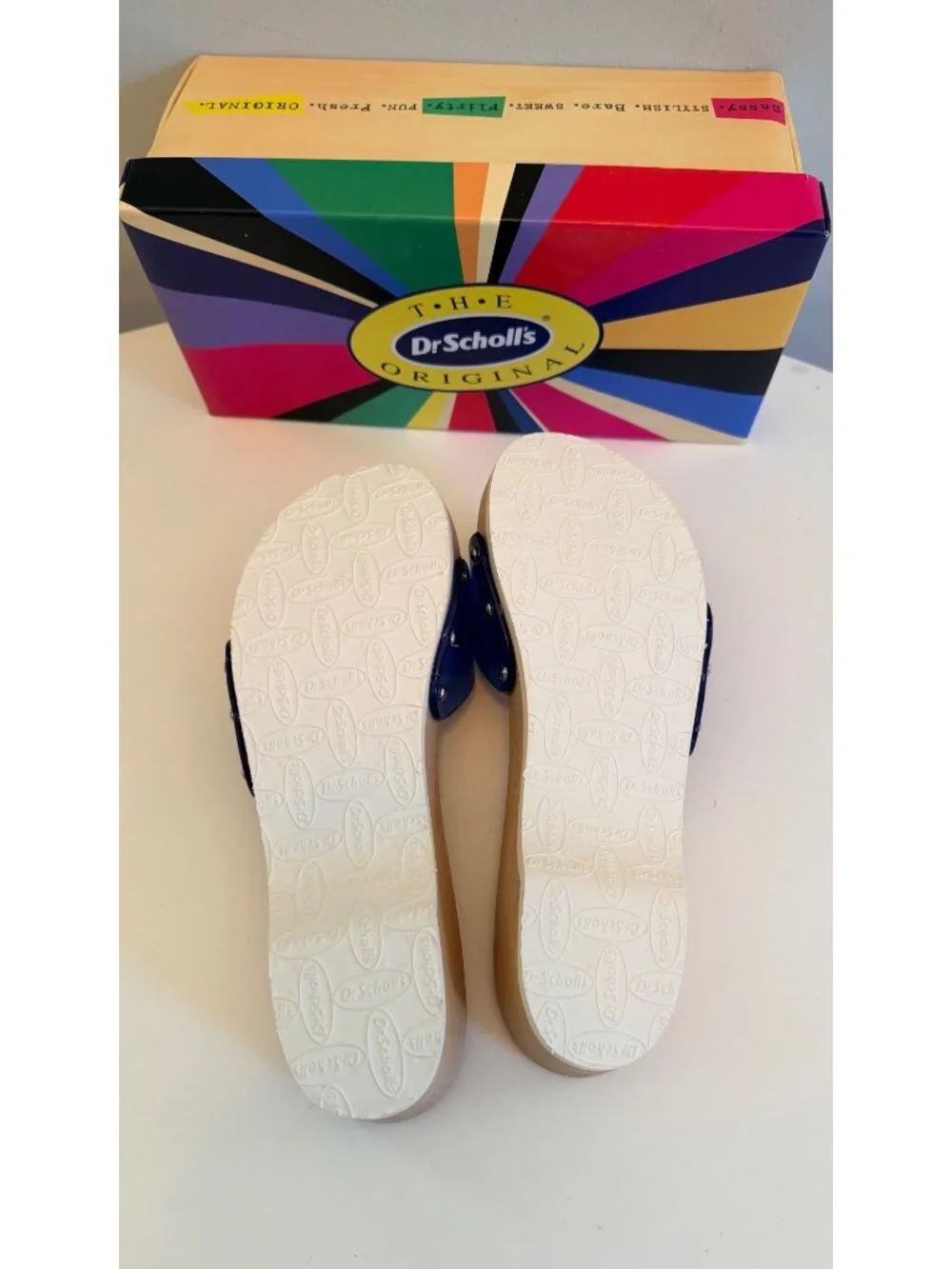 Dr Scholls Women Size 8 M Wood Exercise Clog Sandal Blue Vinyl Slide Shoe New